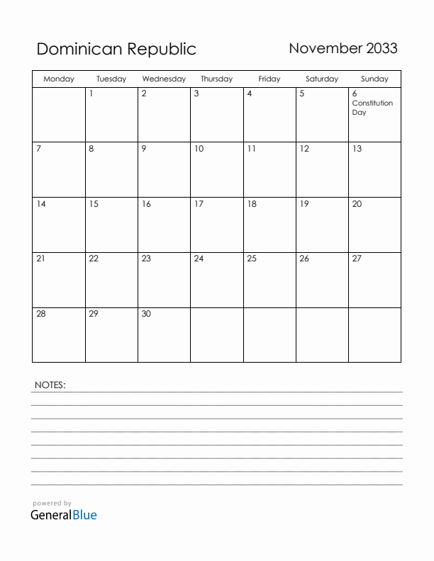 November 2033 Dominican Republic Calendar with Holidays (Monday Start)