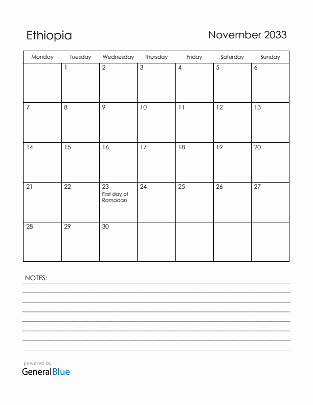 November 2033 Ethiopia Calendar with Holidays (Monday Start)