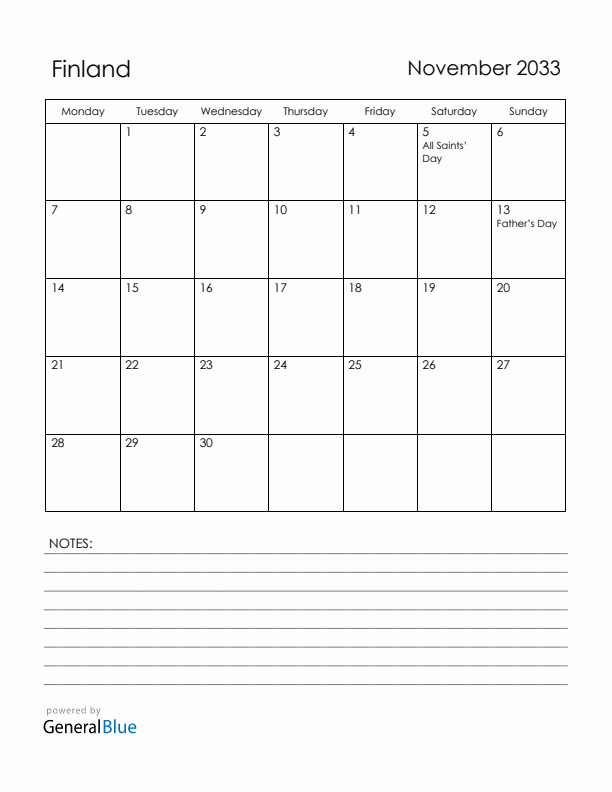 November 2033 Finland Calendar with Holidays (Monday Start)