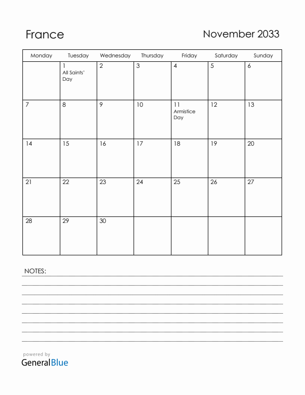 November 2033 France Calendar with Holidays (Monday Start)