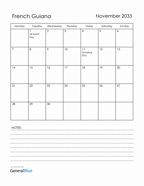 November 2033 French Guiana Calendar with Holidays (Monday Start)
