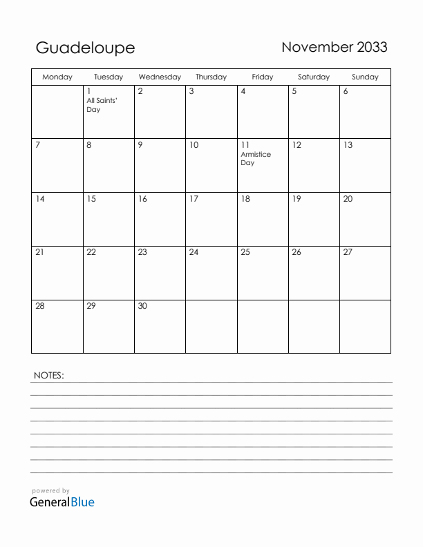 November 2033 Guadeloupe Calendar with Holidays (Monday Start)