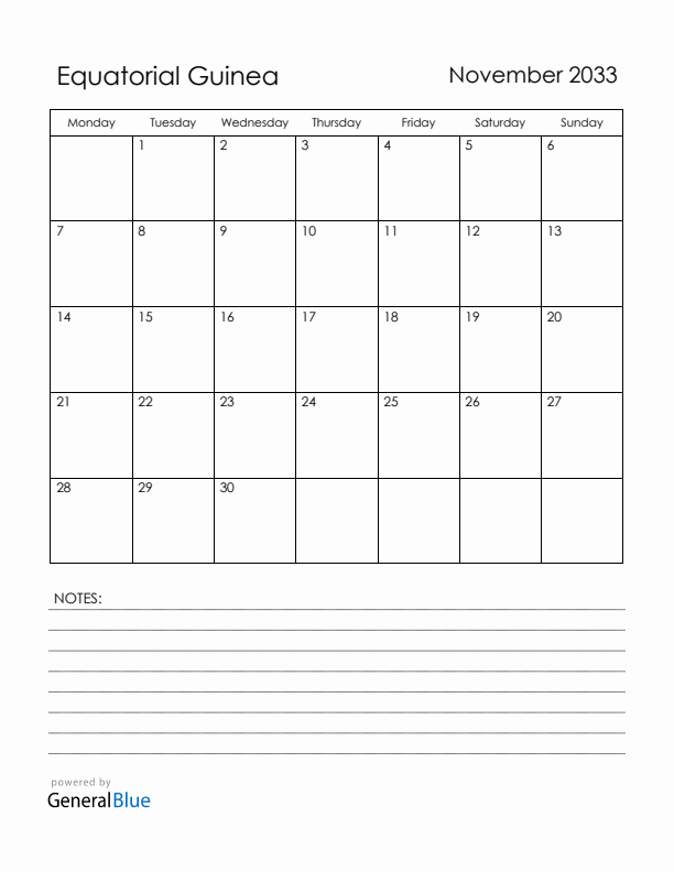 November 2033 Equatorial Guinea Calendar with Holidays (Monday Start)