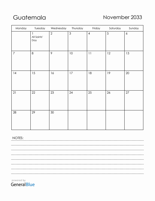 November 2033 Guatemala Calendar with Holidays (Monday Start)
