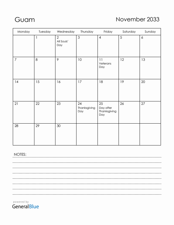 November 2033 Guam Calendar with Holidays (Monday Start)