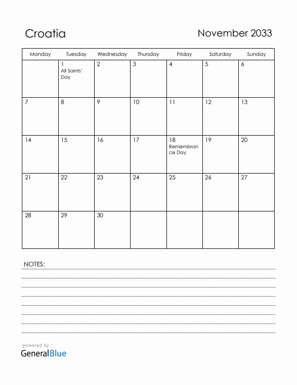 November 2033 Croatia Calendar with Holidays (Monday Start)