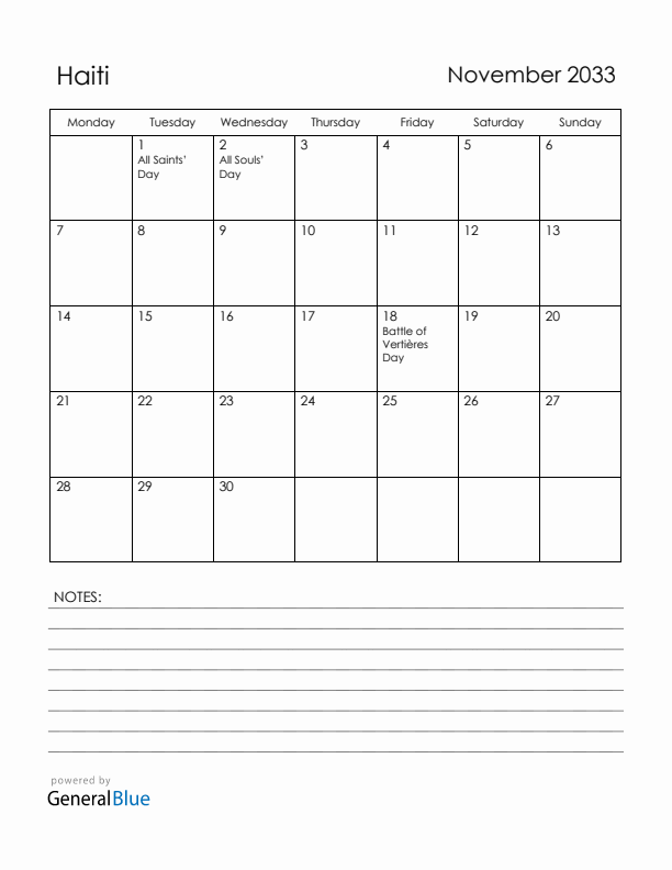 November 2033 Haiti Calendar with Holidays (Monday Start)