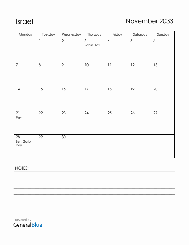 November 2033 Israel Calendar with Holidays (Monday Start)