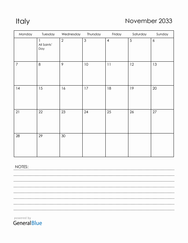 November 2033 Italy Calendar with Holidays (Monday Start)