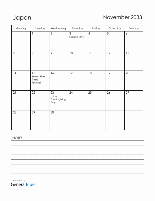 November 2033 Japan Calendar with Holidays (Monday Start)