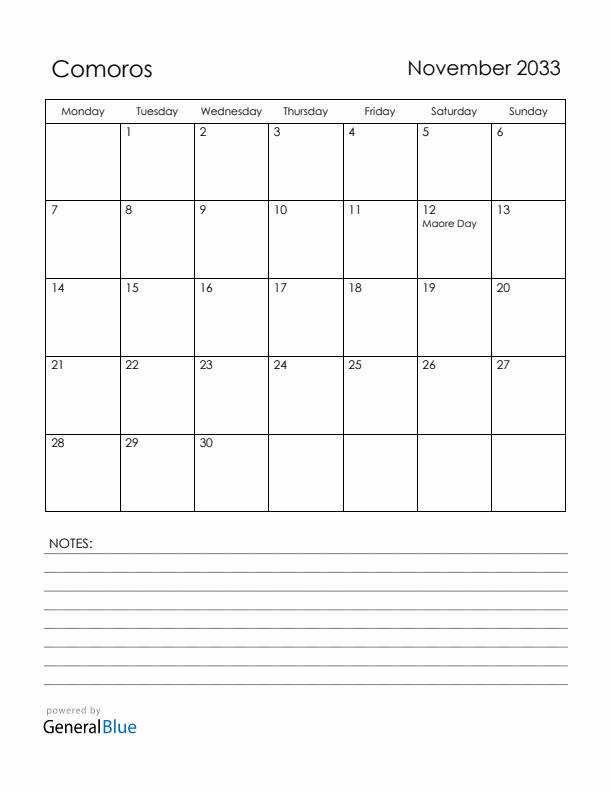 November 2033 Comoros Calendar with Holidays (Monday Start)