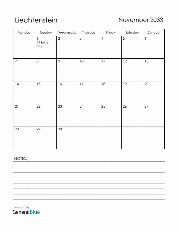 November 2033 Liechtenstein Calendar with Holidays (Monday Start)