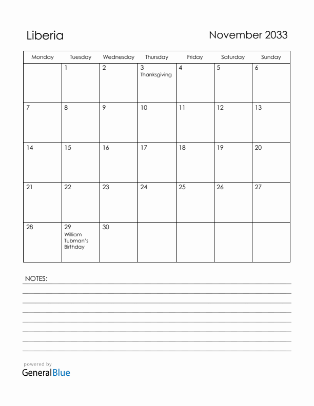 November 2033 Liberia Calendar with Holidays (Monday Start)