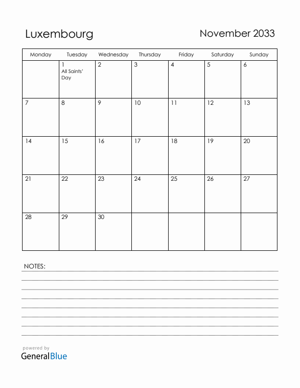 November 2033 Luxembourg Calendar with Holidays (Monday Start)