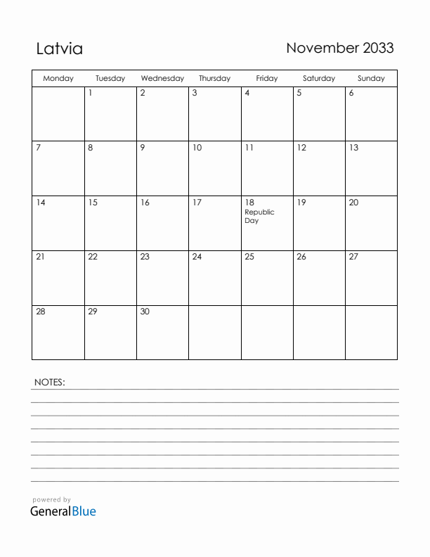 November 2033 Latvia Calendar with Holidays (Monday Start)