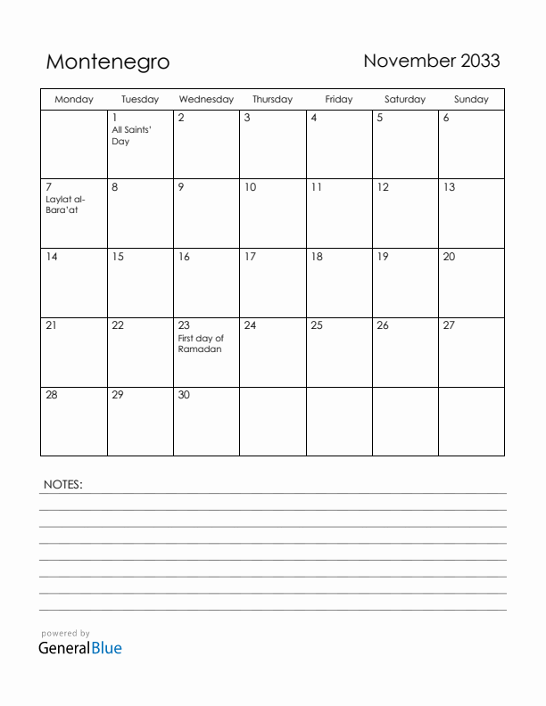 November 2033 Montenegro Calendar with Holidays (Monday Start)