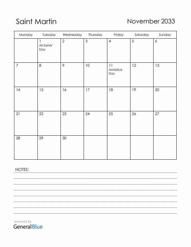November 2033 Saint Martin Calendar with Holidays (Monday Start)
