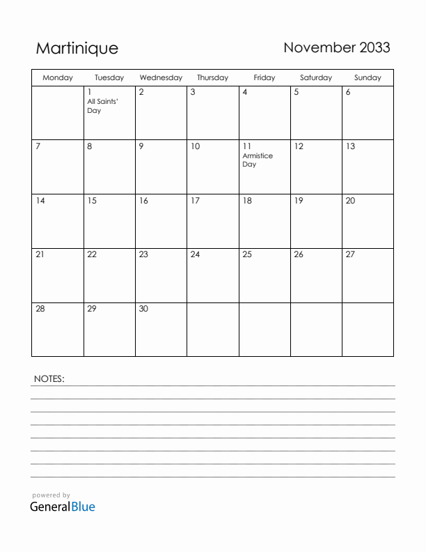 November 2033 Martinique Calendar with Holidays (Monday Start)
