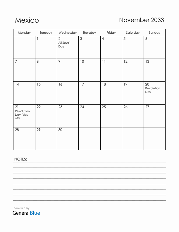 November 2033 Mexico Calendar with Holidays (Monday Start)