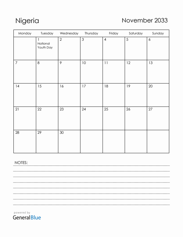 November 2033 Nigeria Calendar with Holidays (Monday Start)