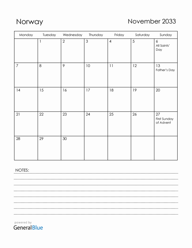 November 2033 Norway Calendar with Holidays (Monday Start)