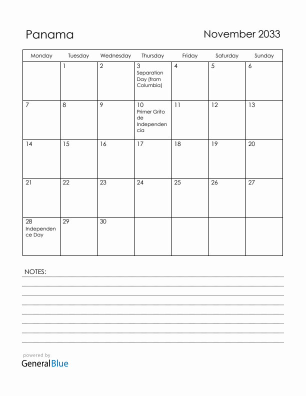 November 2033 Panama Calendar with Holidays (Monday Start)