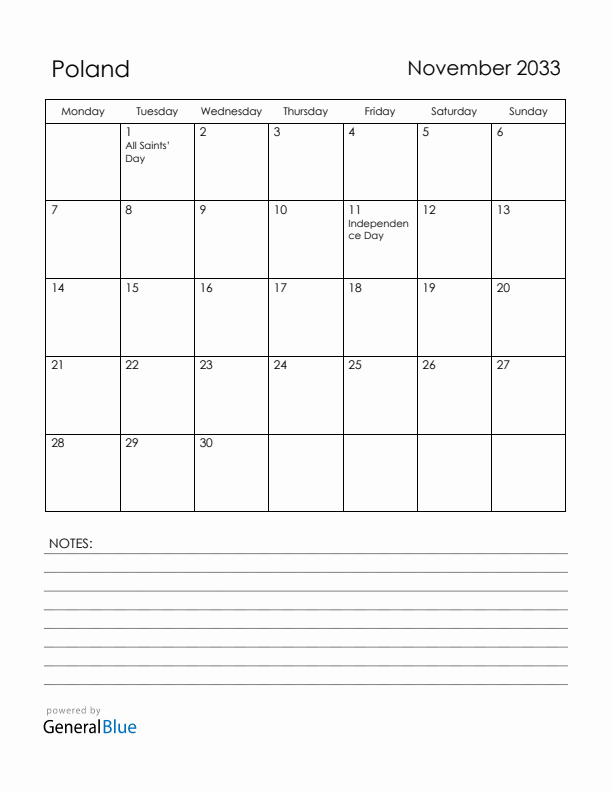 November 2033 Poland Calendar with Holidays (Monday Start)