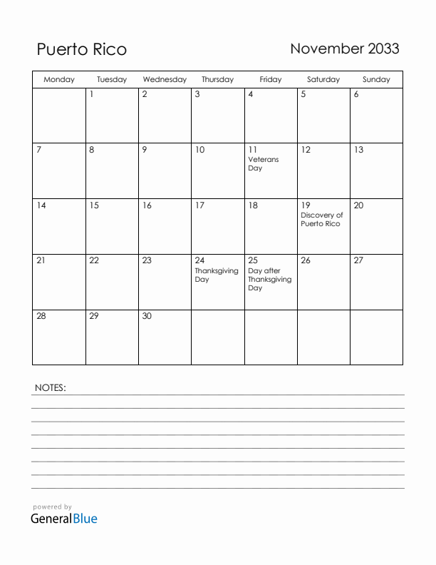 November 2033 Puerto Rico Calendar with Holidays (Monday Start)
