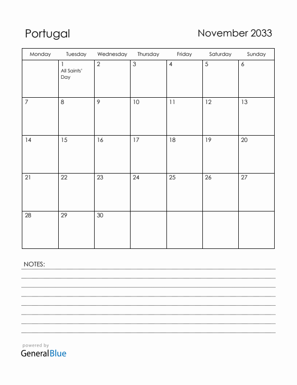 November 2033 Portugal Calendar with Holidays (Monday Start)
