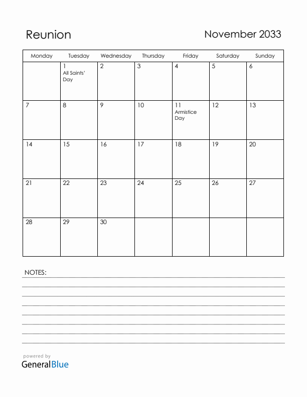 November 2033 Reunion Calendar with Holidays (Monday Start)