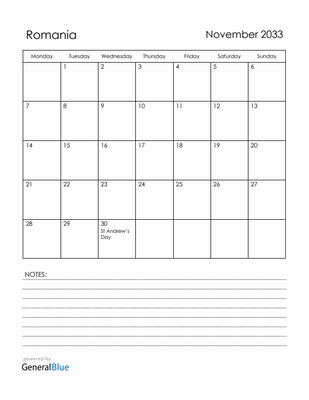 November 2033 Romania Calendar with Holidays (Monday Start)