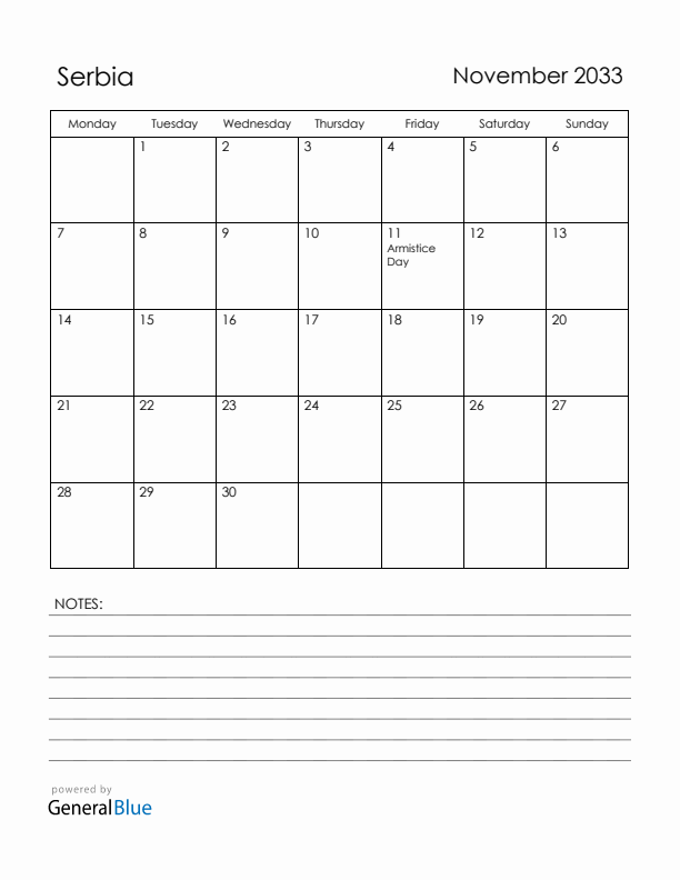 November 2033 Serbia Calendar with Holidays (Monday Start)