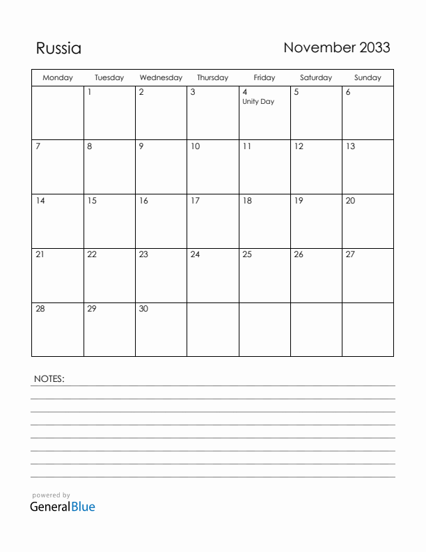 November 2033 Russia Calendar with Holidays (Monday Start)