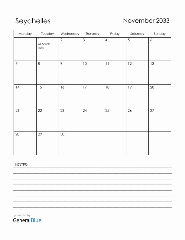 November 2033 Seychelles Calendar with Holidays (Monday Start)