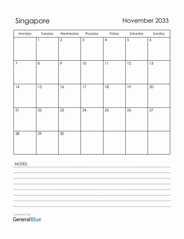 November 2033 Singapore Calendar with Holidays (Monday Start)