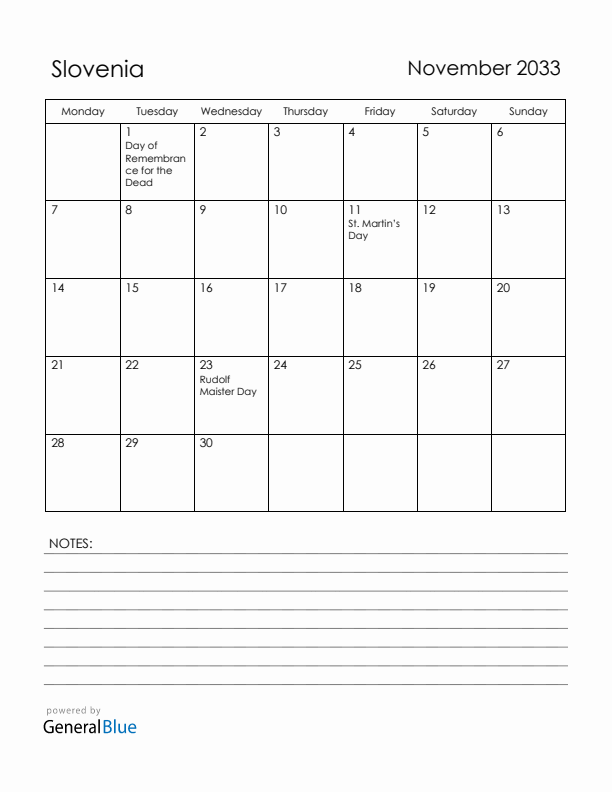 November 2033 Slovenia Calendar with Holidays (Monday Start)