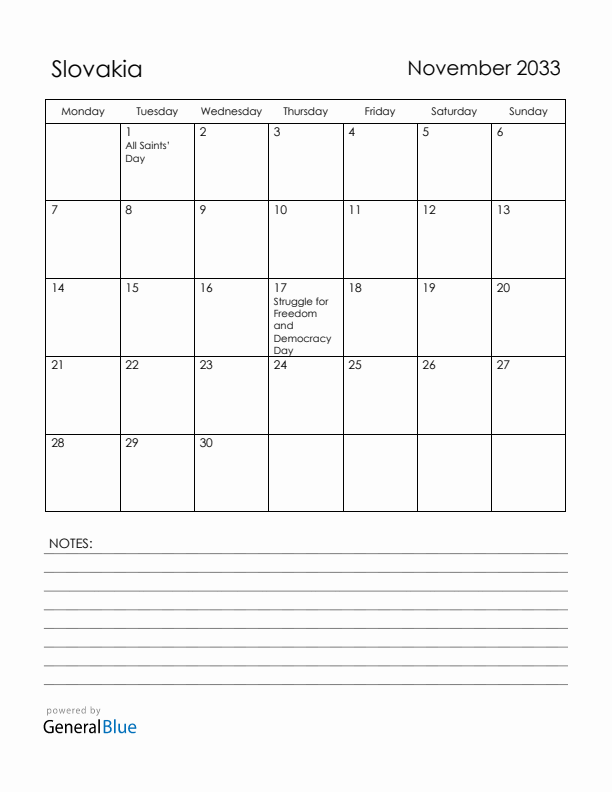 November 2033 Slovakia Calendar with Holidays (Monday Start)