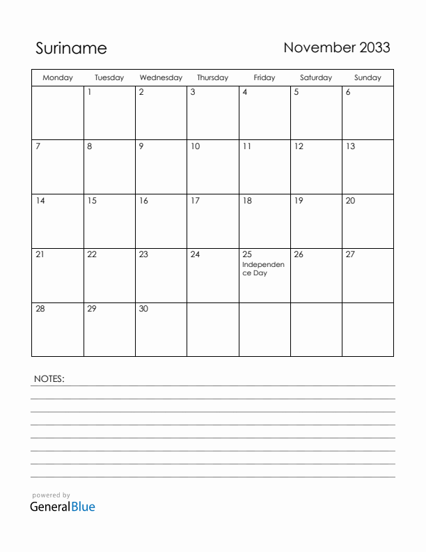 November 2033 Suriname Calendar with Holidays (Monday Start)