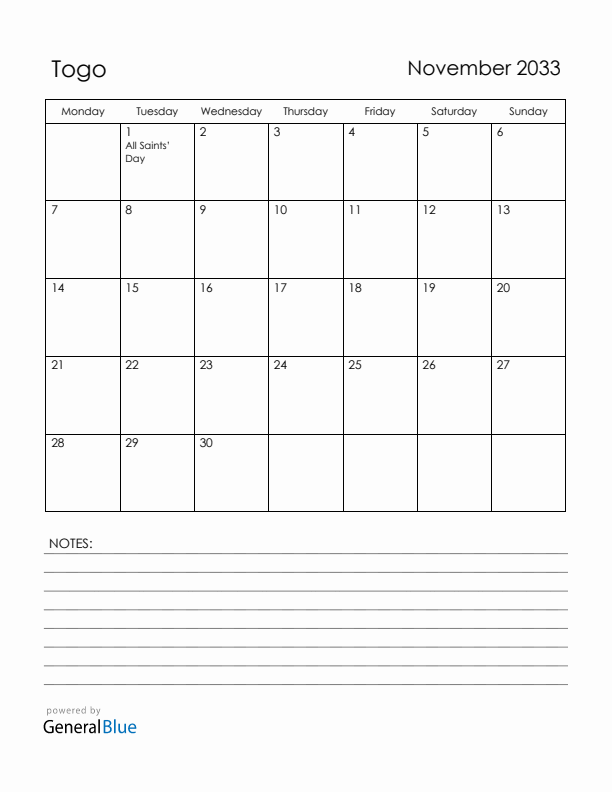 November 2033 Togo Calendar with Holidays (Monday Start)