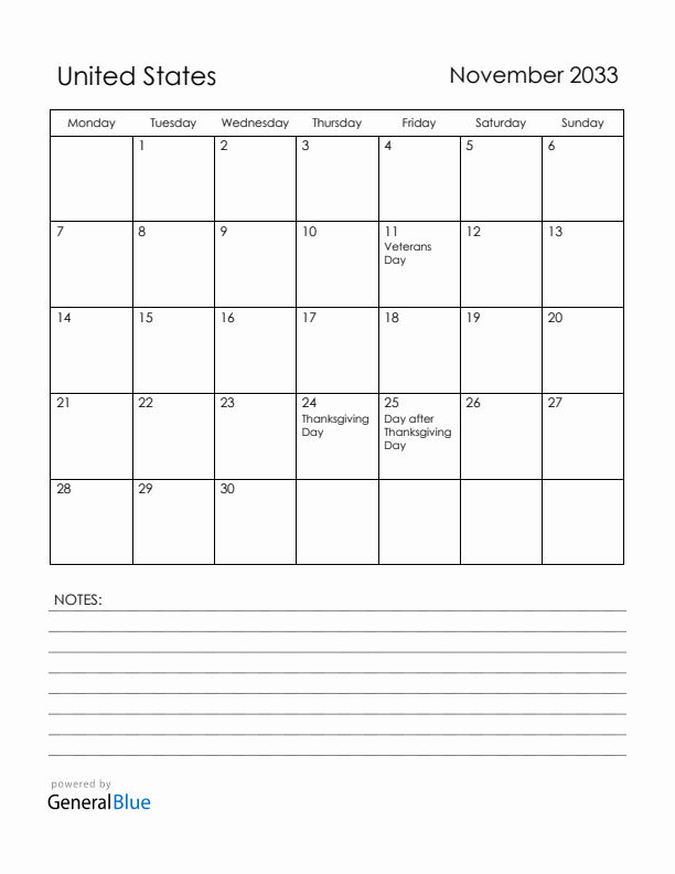November 2033 United States Calendar with Holidays (Monday Start)