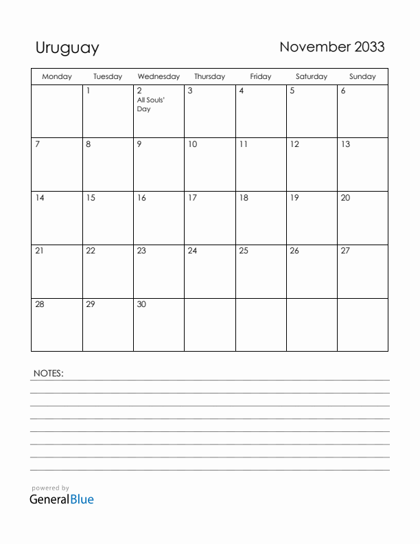 November 2033 Uruguay Calendar with Holidays (Monday Start)
