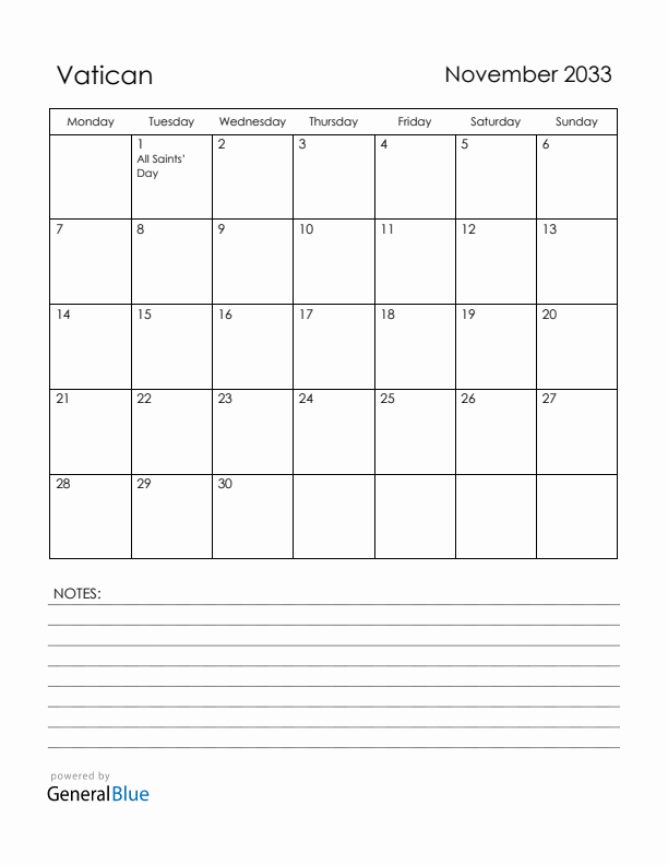 November 2033 Vatican Calendar with Holidays (Monday Start)