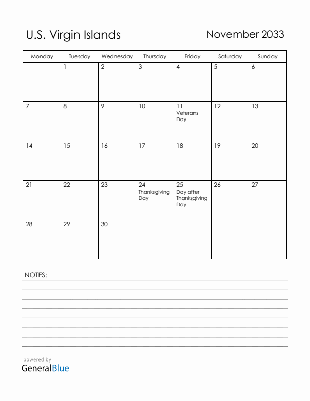 November 2033 U.S. Virgin Islands Calendar with Holidays (Monday Start)