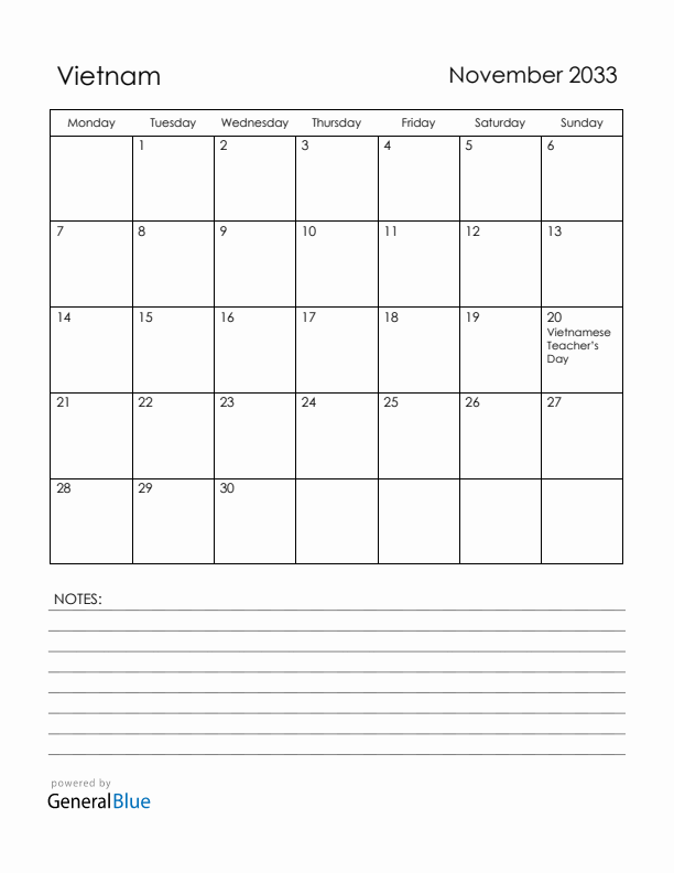 November 2033 Vietnam Calendar with Holidays (Monday Start)