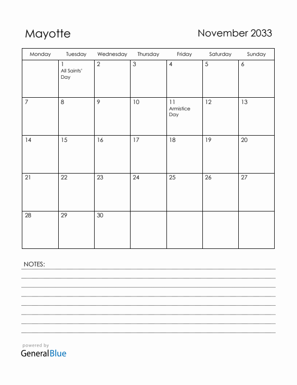 November 2033 Mayotte Calendar with Holidays (Monday Start)