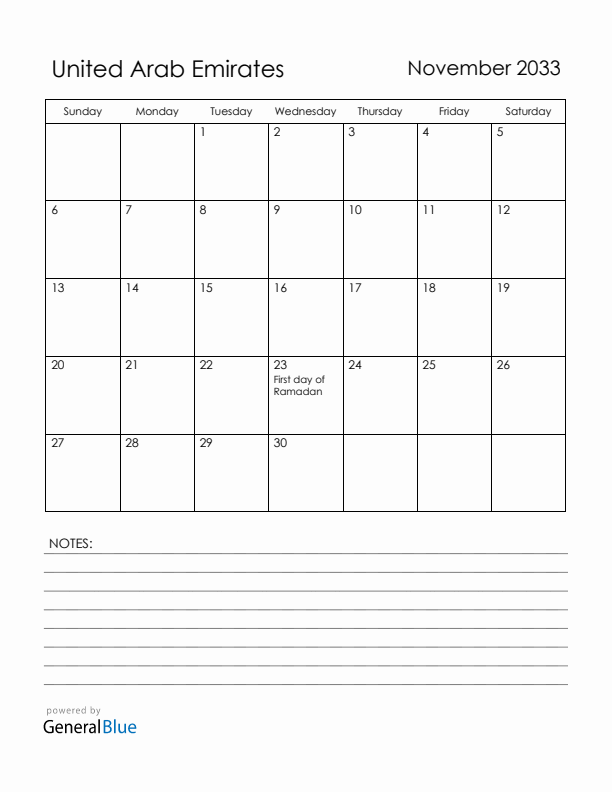 November 2033 United Arab Emirates Calendar with Holidays (Sunday Start)
