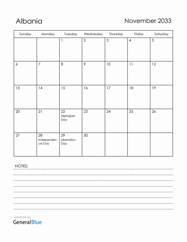 November 2033 Albania Calendar with Holidays (Sunday Start)