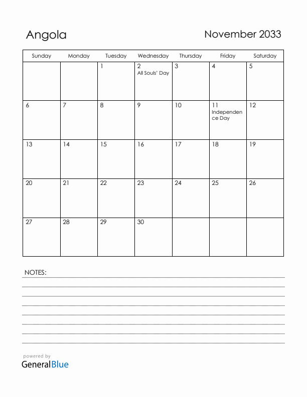 November 2033 Angola Calendar with Holidays (Sunday Start)