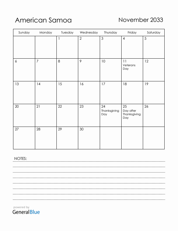 November 2033 American Samoa Calendar with Holidays (Sunday Start)