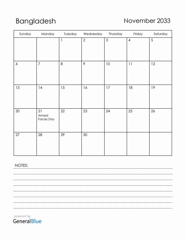 November 2033 Bangladesh Calendar with Holidays (Sunday Start)
